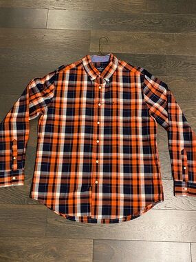 American Eagle Outfitters Orange and Navy Plaid Button-Down Shirt